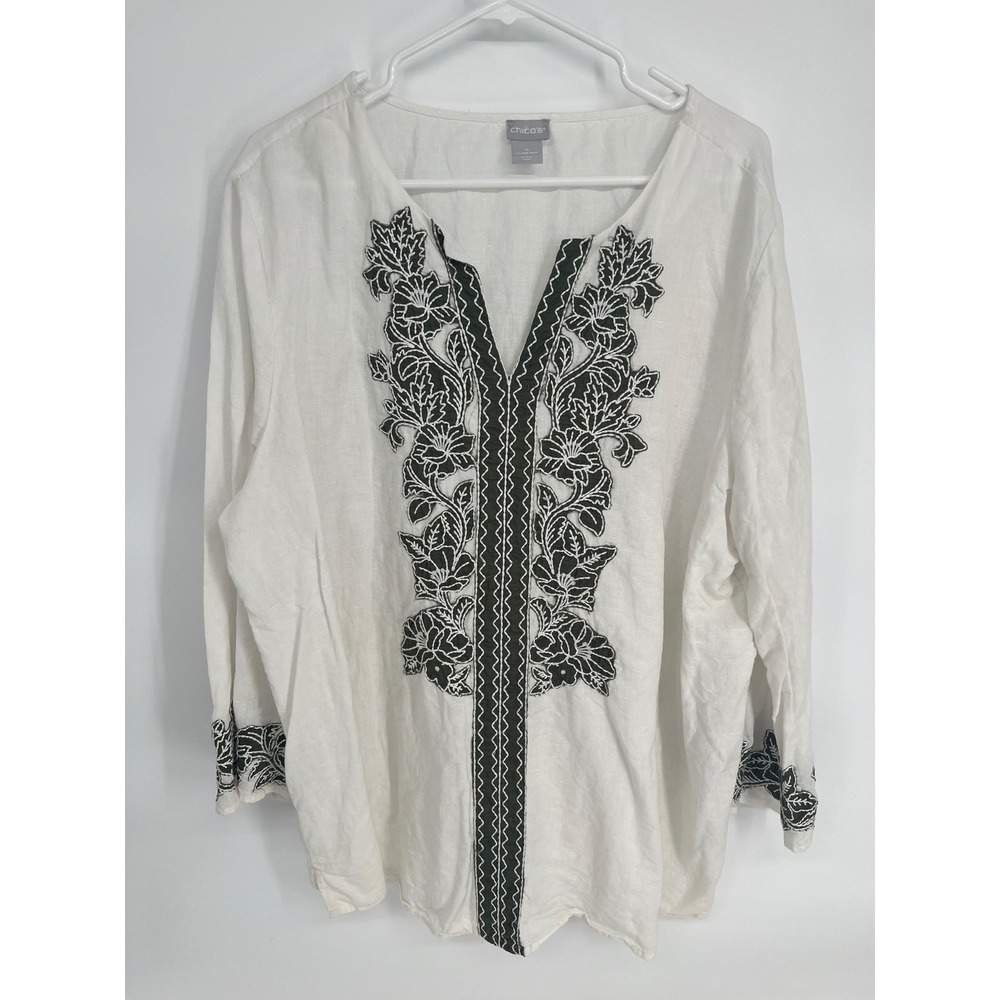 Chicos White Modal Floral Embroidered Split Neck Tunic Top Size 4 US 20/22